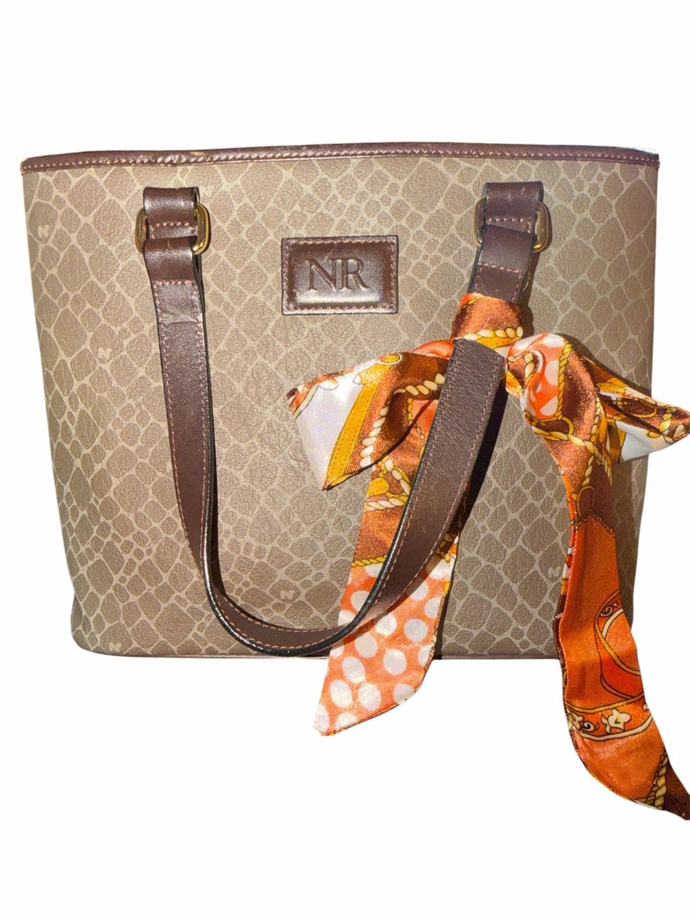 Vintage Nina Ricci Paris Monogrammed Tote Bag - Brown Leather Trim w/ Scarf